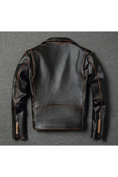 Eskitme Biker mont Hakiki deri - Resim 6