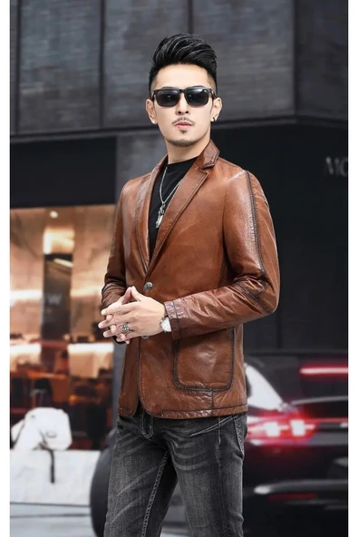 Hakiki deri slim fit erkek ceket - Resim 3