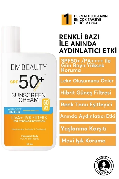 EMBEAUTY Ton Eşitleyici Yüksek Koruma Etkili Spf50 Aydınlatıcı Pembe Yüz Güneş Kremi Hibrit Formül 50 ml ürün görseli 1