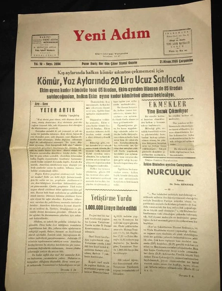 YENİ ADIM Gazetesi 21 Nisan 1965 Çarşamba (Sahafiye Kitap) ürün görseli 1