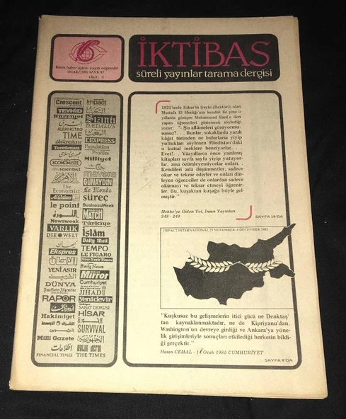 İKTİBAS Süreli Yayınlar Tarama Dergisi Ocak 1985 Cilt 5 Sayı 97 NURİ EREN- Türk Dış Politikasında 1985 (Sahafiye Kitap) ürün görseli 1