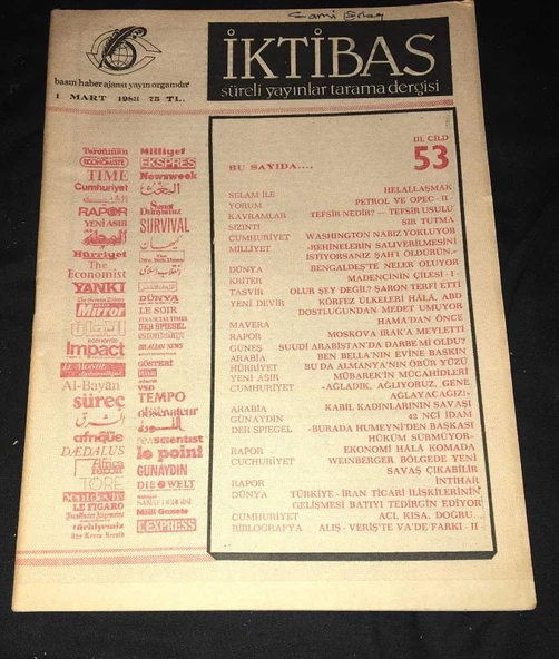 İKTİBAS Süreli Yayınlar Tarama Dergisi 1 Mart 1983 3.Cilt Sayı 53 PETROL VE OPEC 2 (Sahafiye Kitap) ürün görseli 1
