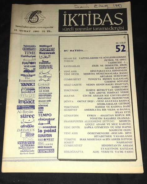 İKTİBAS Süreli Yayınlar Tarama Dergisi 15 Şubat 1983 3.Cilt Sayı 52 PETROL VE OPEC TARİHÇESİ 1 (Sahafiye Kitap) ürün görseli 1