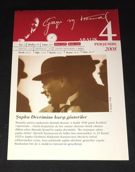 GAZİ MUSTAFA KEMAL Görselli 4 ARALIK 2008 PERŞEMBE Takvim Yaprağı (Sahafiye Kitap) ürün görseli 1