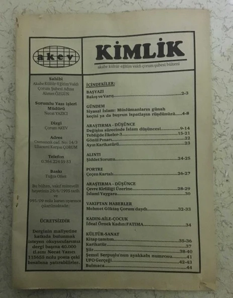 AKEV - KİMLİK Dergisi Çorum Şubesi Bülteni 1995 (Sahafiye Kitap) ürün görseli 1