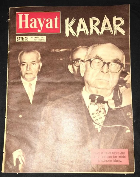 HAYAT Haftalık Mecmua 21 Eylül 1961 sayı 39 [1961 Darbesi ve Menderes -bol resimli-KARAR MANŞETİYLE] (Sahafiye Kitap) ürün görseli 1