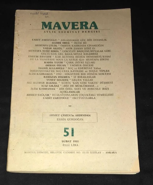 MAVERA Şubat 1981 Sayı 51 AHMET ÇİMEN'İN ARDINDAN Ersin Gündoğan (Sahafiye Kitap) ürün görseli 1