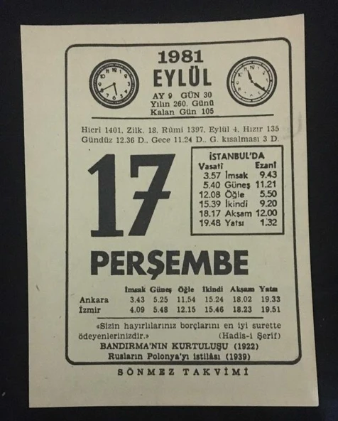 17 EYLÜL 1981 PERŞEMBE Sönmez Takvimi YAPRAĞI (Sahafiye Kitap) ürün görseli 1