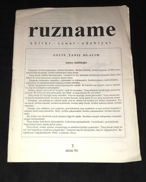 RUZNAME Kültür,Sanat,Edebiyat Dergisi Ekim 1996 GELİN TANIŞ OLALIM-Atasoy Müftüoğlu (Sahafiye Kitap) ürün görseli 1