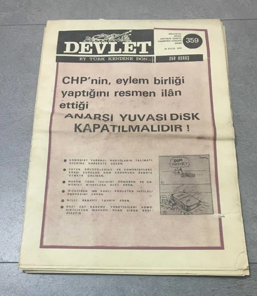 DEVLET Milliyetçi Gazete 20 Eylül 1976 Sayı 359 ANARŞİ YUVASI DİSK KAPATILMALIDIR (Sahafiye Kitap) ürün görseli 1