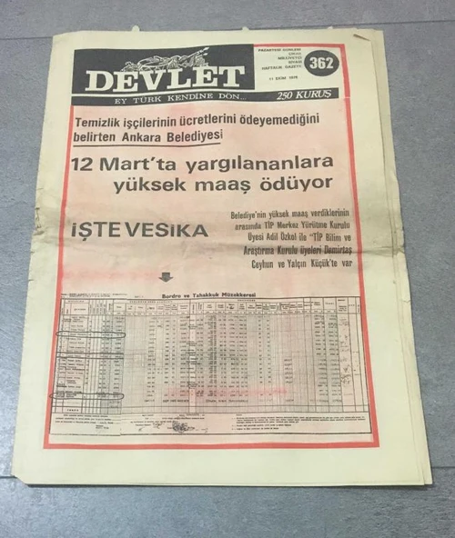 DEVLET Milliyetçi Gazete 11 Ekim 1976 Sayı 362 -12 martta yargılananlara yüksek maaş ödüyor,İŞTE VESİKA (Sahafiye Kitap) ürün görseli 1