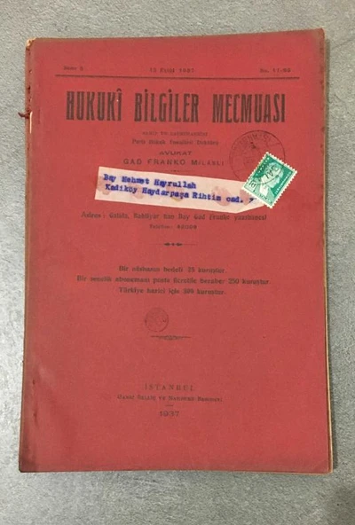 HUKUKİ BİLGİLER MECMUASI 15 Eylül 1937 Sene 8 No. 11 - 95 (Sahafiye Kitap) ürün görseli 1
