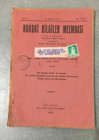 HUKUKİ BİLGİLER MECMUASI 15 Ağustos 1937 Sene 8 No. 10 - 94 (Sahafiye Kitap) ürün görseli 1
