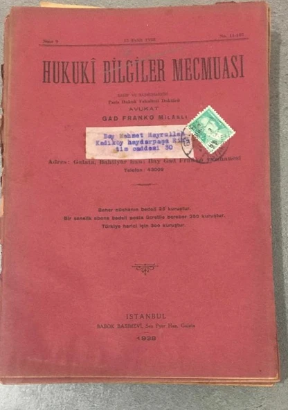 HUKUKİ BİLGİLER MECMUASI 15 Eylül 1938 Sene 9 No. 11 - 107 (Sahafiye Kitap) ürün görseli 1
