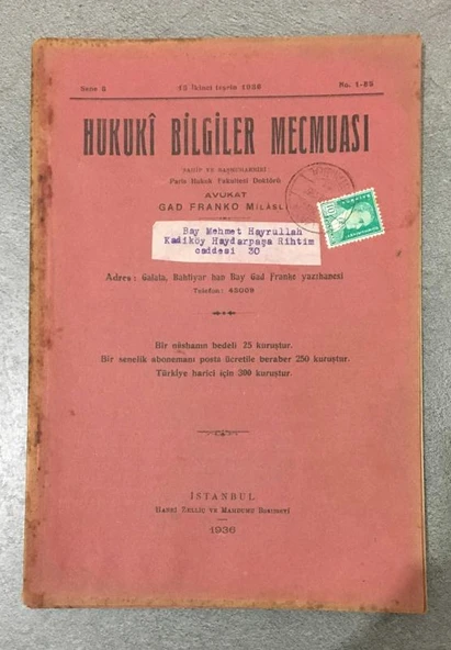 HUKUKİ BİLGİLER MECMUASI 15 İkinci Teşrin 1936 Sene 8 No. 1 - 85 (Sahafiye Kitap) ürün görseli 1