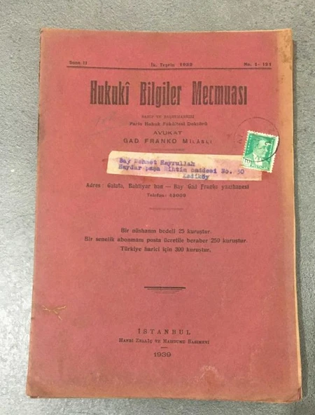 HUKUKİ BİLGİLER MECMUASI İk. Teşrin 1939 Sene 11 No. 1 - 121 (Sahafiye Kitap) ürün görseli 1