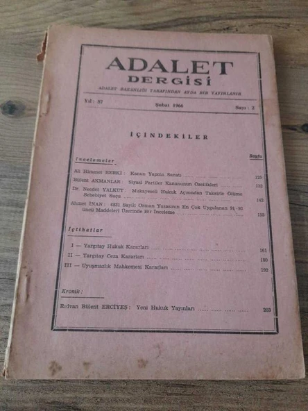 ADALET DERGİSİ, Şubat 1966,Yıl:57,Sayı:2 "Himmet Berki: Kanun Yapma Sanatı" (Sahafiye Kitap) ürün görseli 1