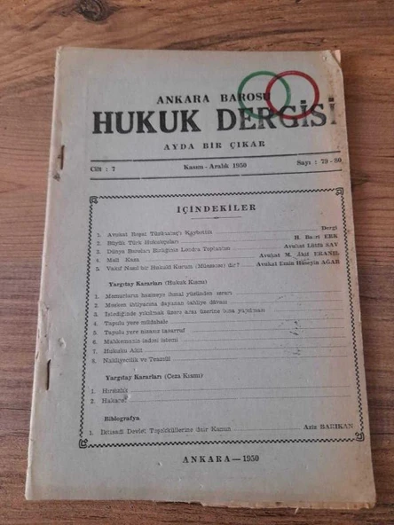 Ankara Barosu Hukuk Dergisi, Kasım-Aralık 1950 Cilt:7, Sayı:79-80 "Akif Eranıl-Mali Kaza" (Sahafiye Kitap) ürün görseli 1