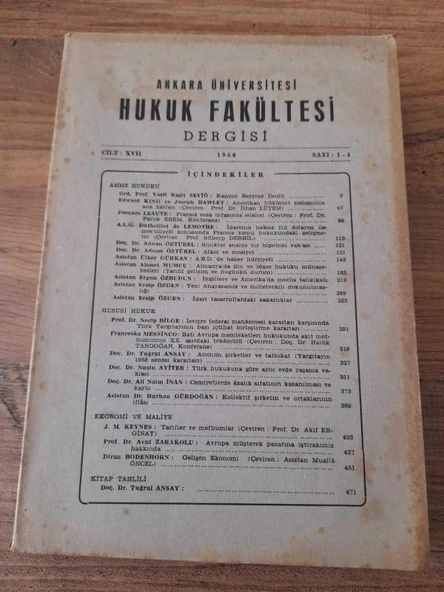 Ankara Üniversitesi Hukuk Fakültesi Dergisi Cilt:XVII,Sayı:1-4 "Kanuni Beyyine Usulü" (Sahafiye Kitap) ürün görseli 1
