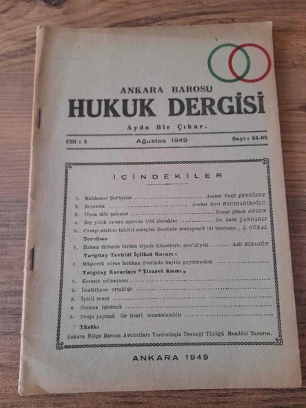 ANKARA BAROSU HUKUK DERGİSİ, Ağustos 1949, Cilt:5,Sayı:64-65, "Nuri Hacıhabiboğlu- Boşanma" (Sahafiye Kitap) ürün görseli 1