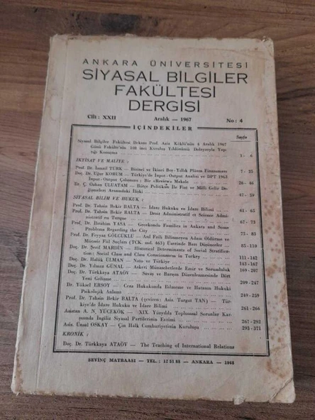 Ankara Üniversitesi Hukuk Fakültesi Dergisi Cilt:XXII No:4, Aralık 1967 "İdare Hukuku ve İdare Bilimi" (Sahafiye Kitap) ürün görseli 1