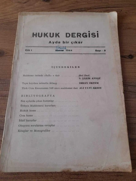 Hukuk Dergisi Cilt:I,Sayı:9 Kasım 1944 "Mahkeme önünde Sulh e dair" (Sahafiye Kitap) ürün görseli 1