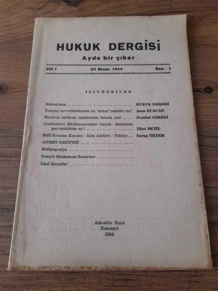 Hukuk Dergisi Cilt:I,Sayı:1 Nisan 1944 "Milli Koruma Kanunu-Kira Akitleri-Tehliye" (Sahafiye Kitap) ürün görseli 1