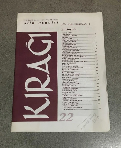 KIRAĞI ŞİİR DERGİSİ 16 Ekim 1996 - 30 Kasım 1996 Sayı 22 Şiir Soruşturması 1 (Sahafiye Kitap) ürün görseli 1