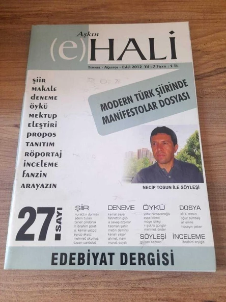 AŞKIN (e) HALİ EDEBİYAT DERGİSİ TEMMUZ,AĞUSTOS,EYLÜL 2012 27. SAYI "USTAM" (Sahafiye Kitap) ürün görseli 1