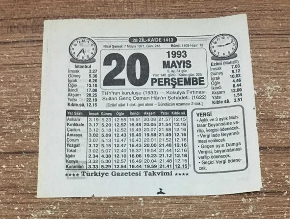 20 MAYIS 1993 PERŞEMBE TAKVİM YAPRAĞI (Sahafiye Kitap) ürün görseli 1