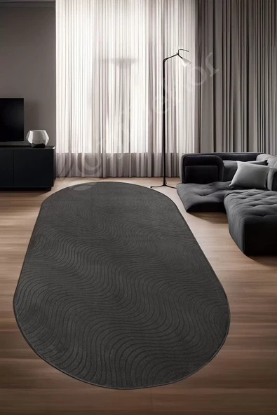 Halı Cool Antrasit Sahra Desenli Saçaksız Oval Kesme Yolluk Kilim Salon Halısı Modelleri ürün görseli 1