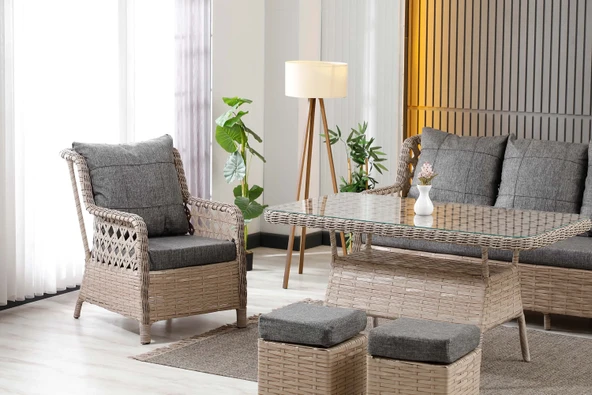 Zigonzi  Vilza, 3+1+1 Rattan Bahçe Mobilyası, Cappuccino - Resim 7
