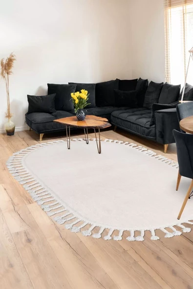 Peluş Halı Açık Vizon Cool Saçaklı Oval Kesme Post Yolluk Kilim Salon Halısı Modelleri ürün görseli 1