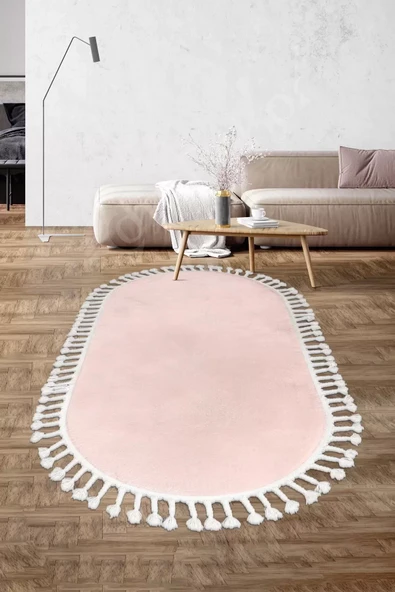 Pembe Oval Post Halı Saçaklı Peluş Yumuşacık Antibakteriyel Çocuk Mutfak Salon Halısı ürün görseli 1