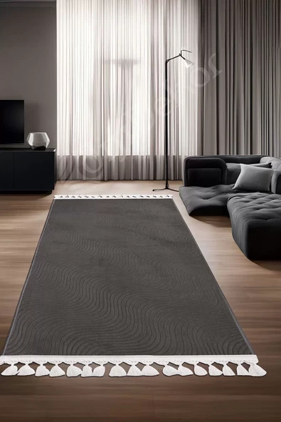 Halı Cool Antrasit Sahra Kaymaz Yıkanabilir Saçaklı Kare Yolluk Salon Halısı Modelleri ürün görseli 1