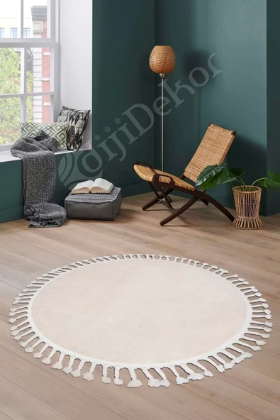 Peluş Halı Krem Cool Saçaklı Yuvarlak Kesme Post Yolluk Kilim Salon Halısı Modelleri ürün görseli 1