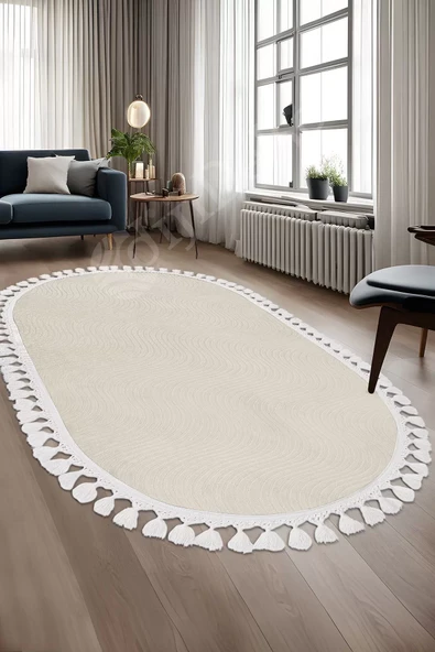 Halı Cool Krem Sahra Desenli Yıkanabilir Saçaklı Oval Yolluk Kilim Salon Halısı Modelleri ürün görseli 1