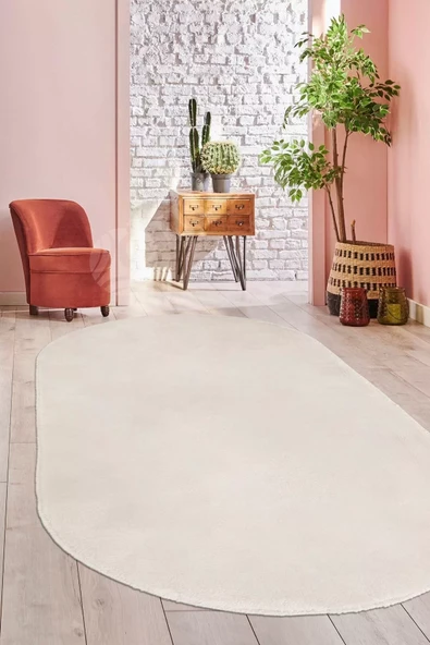 Peluş Halı Krem Cool Yıkanabilir Oval Post Kesme Yolluk Kilim Salon Halısı Modelleri ürün görseli 1
