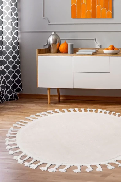 Peluş Halı Açık Vizon Cool Saçaklı Yuvarlak Kesme Post Yolluk Kilim Salon Halısı Modeli ürün görseli 1