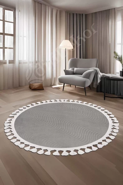 Halı Cool Gri Sahra Kaymaz Yıkanabilir Saçaklı Yuvarlak Yolluk Salon Halısı Modelleri ürün görseli 1