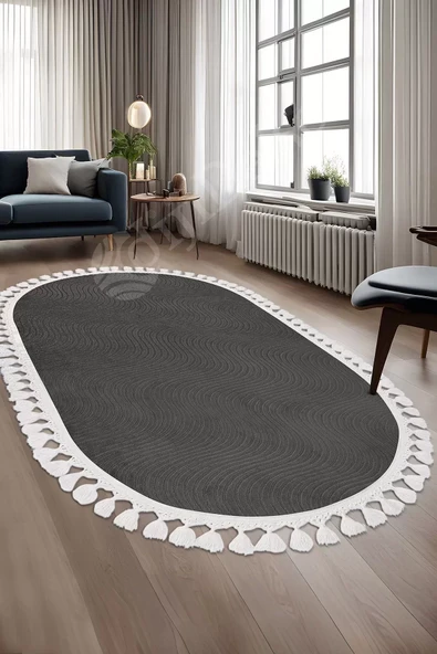 Avangard Oval Halı Sahra Antrasit Salon Koridor Antre Mutfak Halısı Silinebilir Saçaklı ürün görseli 1