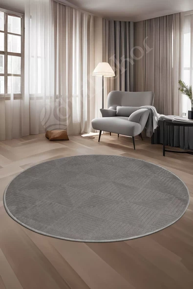 Halı Cool Gri Pramit Desenli Saçaksız Yuvarlak Kesme Yolluk Kilim Salon Halısı Modelleri ürün görseli 1