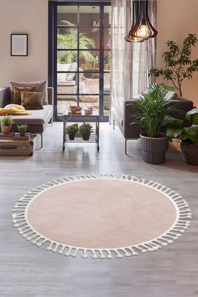 Peluş Halı Pembe Cool Saçaklı Yuvarlak Kesme Post Yolluk Kilim Salon Halısı Modelleri ürün görseli 1