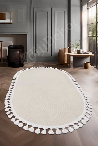 Avangard Oval Halı Pramit Krem Salon Koridor Antre Mutfak Halısı Silinebilir Ponpon Saçak ürün görseli 1