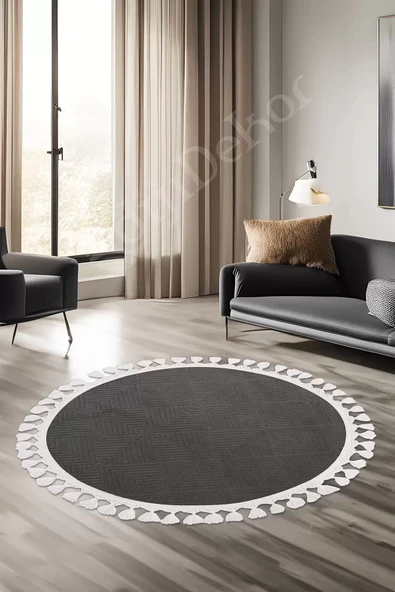 Halı Cool Antrasit Pramit Kaymaz Saçaklı Yuvarlak Kesme Yolluk Salon Halısı Modelleri ürün görseli 1
