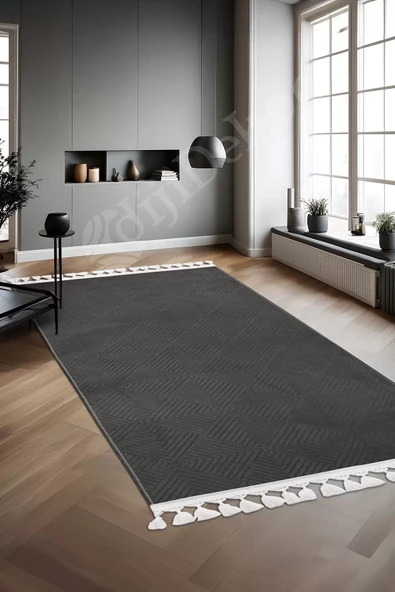 Halı Cool Antrasit Pramit Kaymaz Yıkanabilir Saçaklı Yolluk Kilim Salon Halısı Modelleri ürün görseli 1