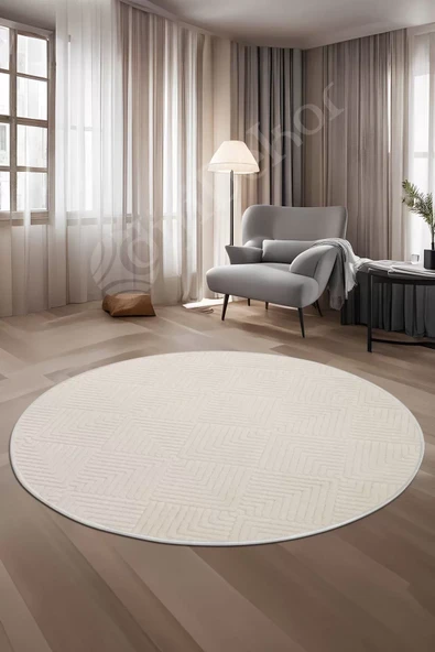 Halı Cool Krem Pramit Desenli Saçaksız Yuvarlak Kesme Yolluk Kilim Salon Halısı Modelleri ürün görseli 1