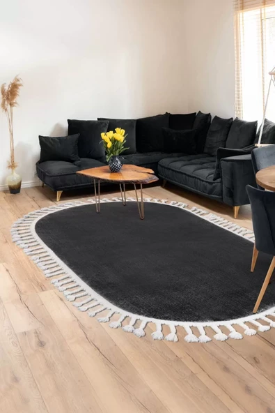 Koyu Gri Oval Post Dokuma Halı Saçaklı Peluş Yumuşacık Kaymaz Antibakteriyel ürün görseli 1