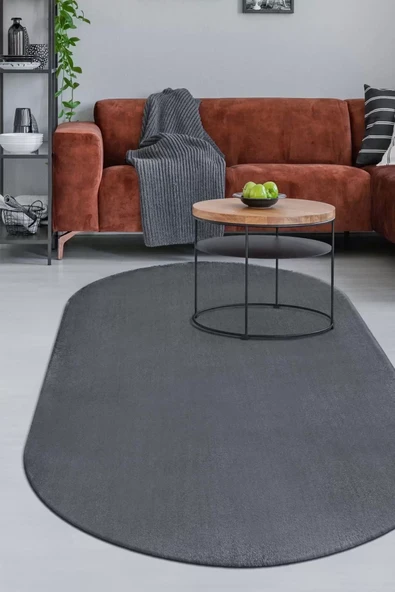 Peluş Halı Koyu Gri Cool Yıkanabilir Oval Kesme Post Yolluk Kilim Salon Halısı Modelleri ürün görseli 1