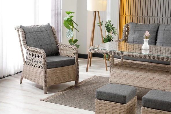 Zigonzi  Vilza, 3+1+1 Rattan Bahçe Mobilyası, Cappuccino - Resim 5